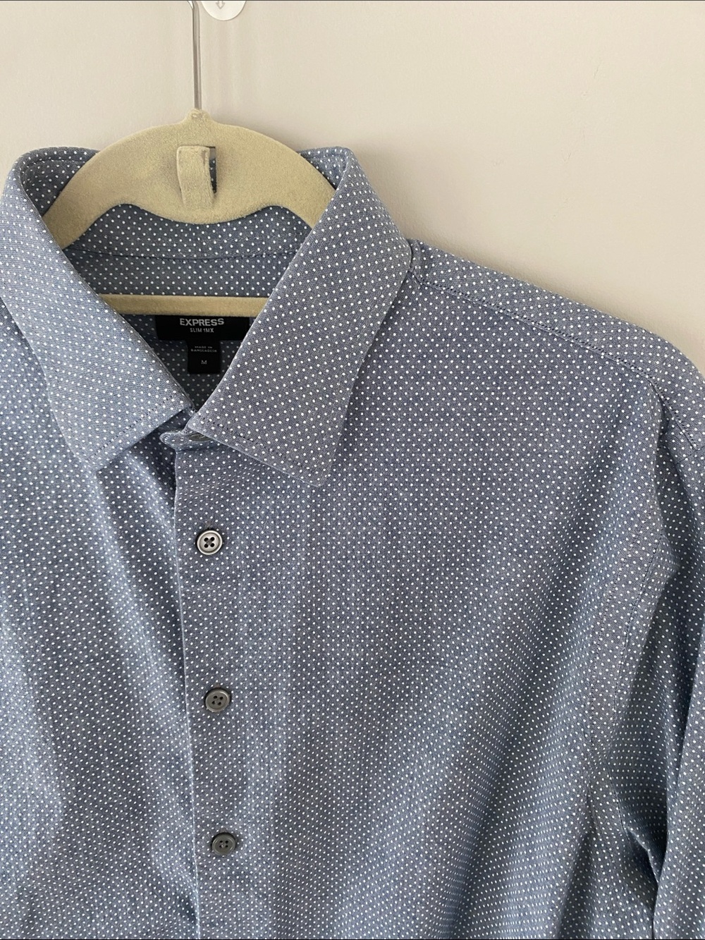 Express Medium Slim Fit 1MX Blue Polka Dot Button Up Long Sleeve Dress Shirt